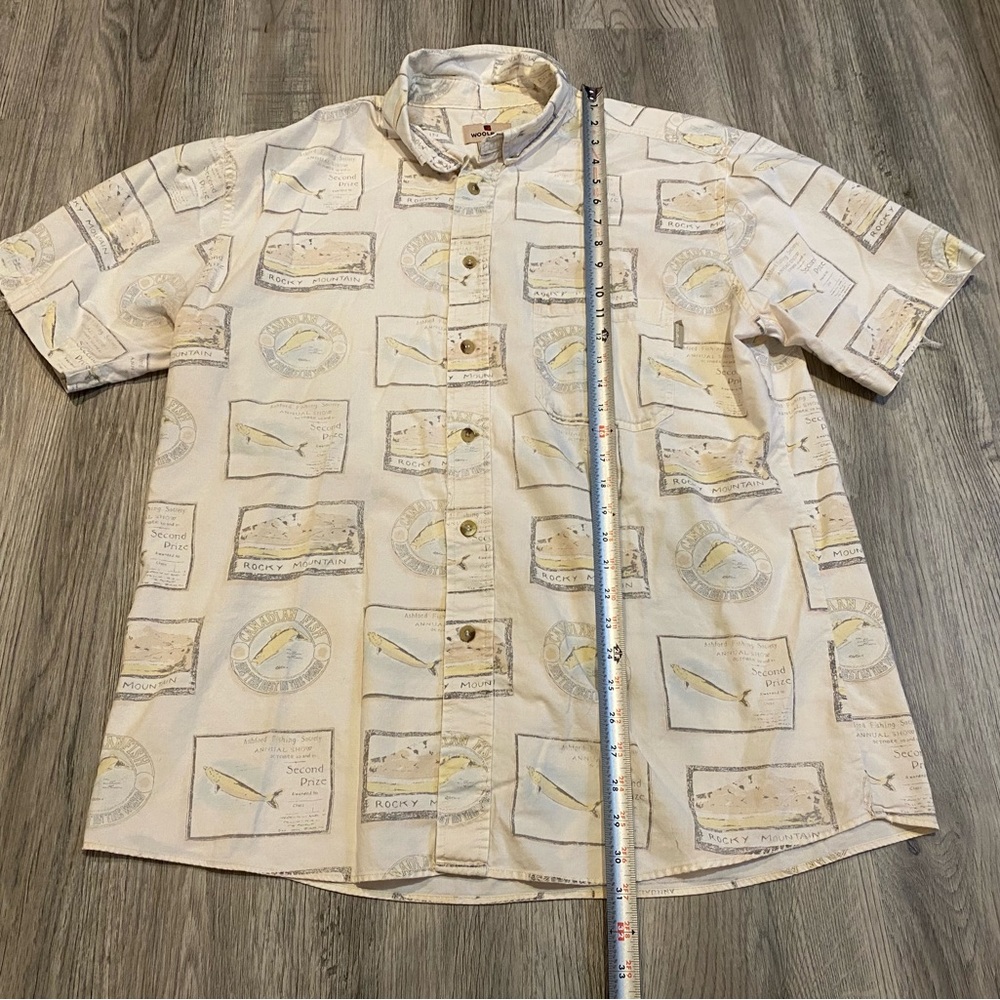 WOOLRICH Button Shirt Mens Large Cotton Short Sleeve All Over Print AOP Fishing - Picture 3 of 5